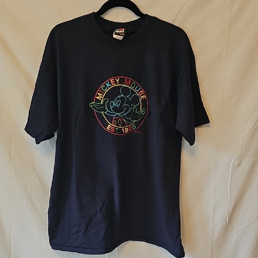 Disney Blue Short Sleeve Tee, Embroidered mickey Mouse in Bright Colors Mens XL